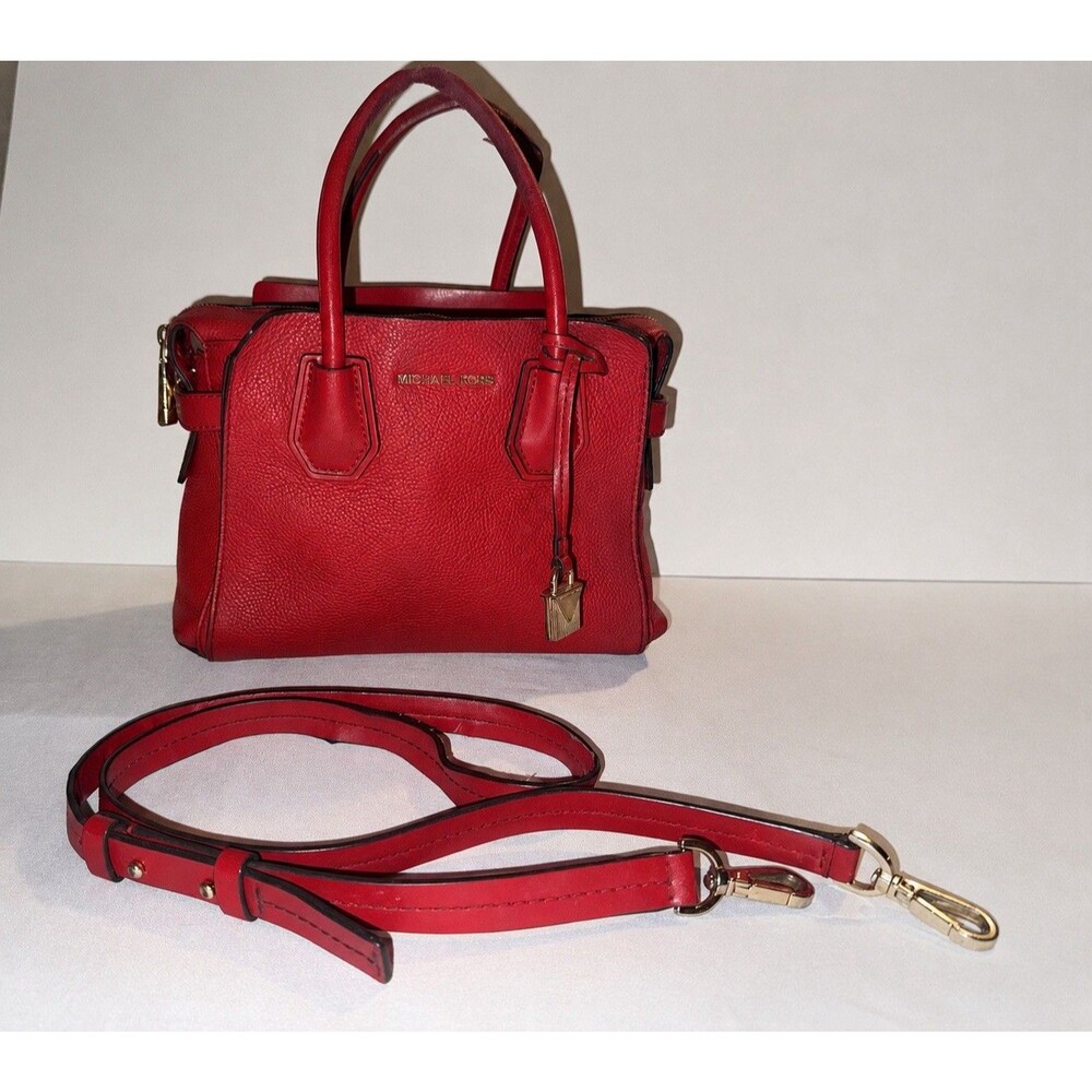 Michael Kors Mercer Medium Red Pebbled Leather Satchel Crossbody Needs TLC